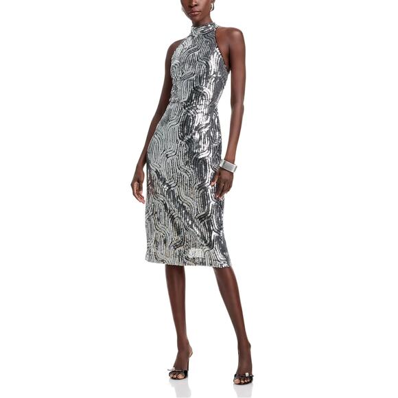 Elie Tahari Bella Sequin Midi Dress Noir Size 10 0673 - Picture 1 of 8